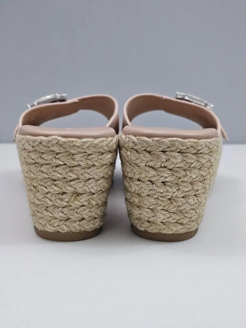 Stuart Weitzman June 75 Espadrille Wedge Sandal Size 9 Blush Pink Crystal Buckle